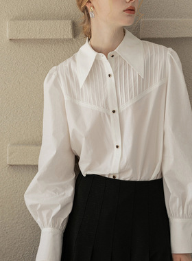 法国cherrykoko年初秋新款法式气质通勤宽松尖领白色棉长袖衬衫