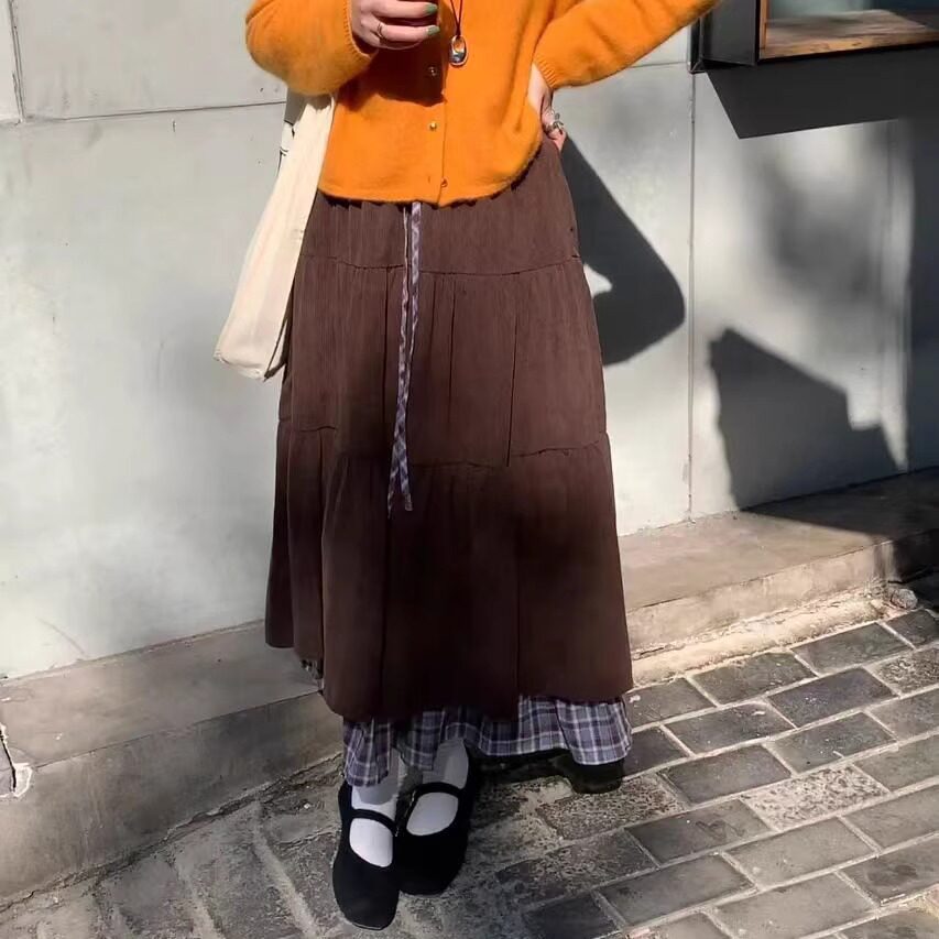 法国CherryKoko棕色文艺复古灯芯绒拼接格子半身裙女秋冬设计感