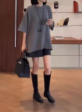 法国chrry koop新款简约灰色宽松上衣高腰阔腿短裤女潮