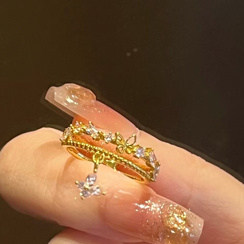 法国chrry koop新款超闪少女粉锆石蝴蝶流苏戒指高颜值指环气质