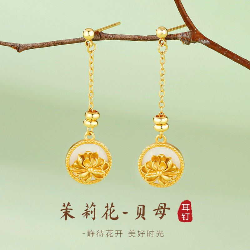 法国chrry koop年新款古法茉莉花耳钉金色复古耳环时尚轻奢设计