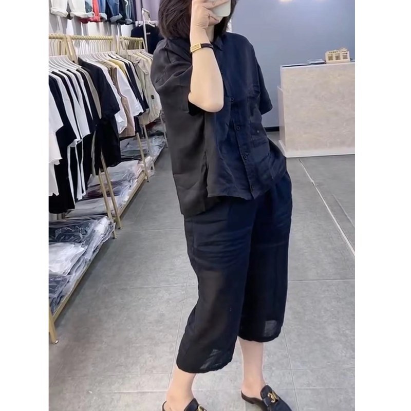 法国chrry koop夏季新款时尚净版简约洋气短袖衬衫七分裤套装