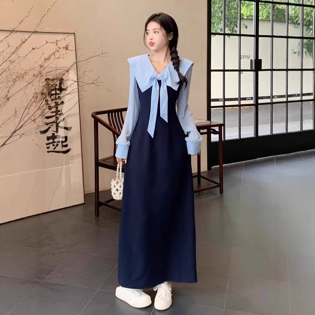 法国cherrykoko法式假两件黑色长袖连衣裙子女新款韩系早春季