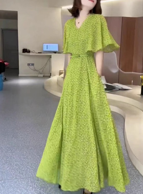 法国chrry koop夏季新款绿色碎花长款连衣裙高端大气显瘦女