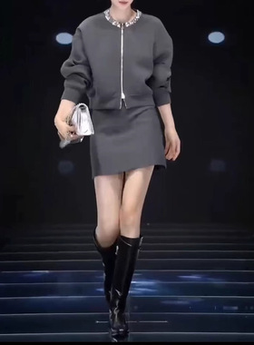 法国chrry koop秋季新款灰色圆领拉链外套短裙时尚休闲套装
