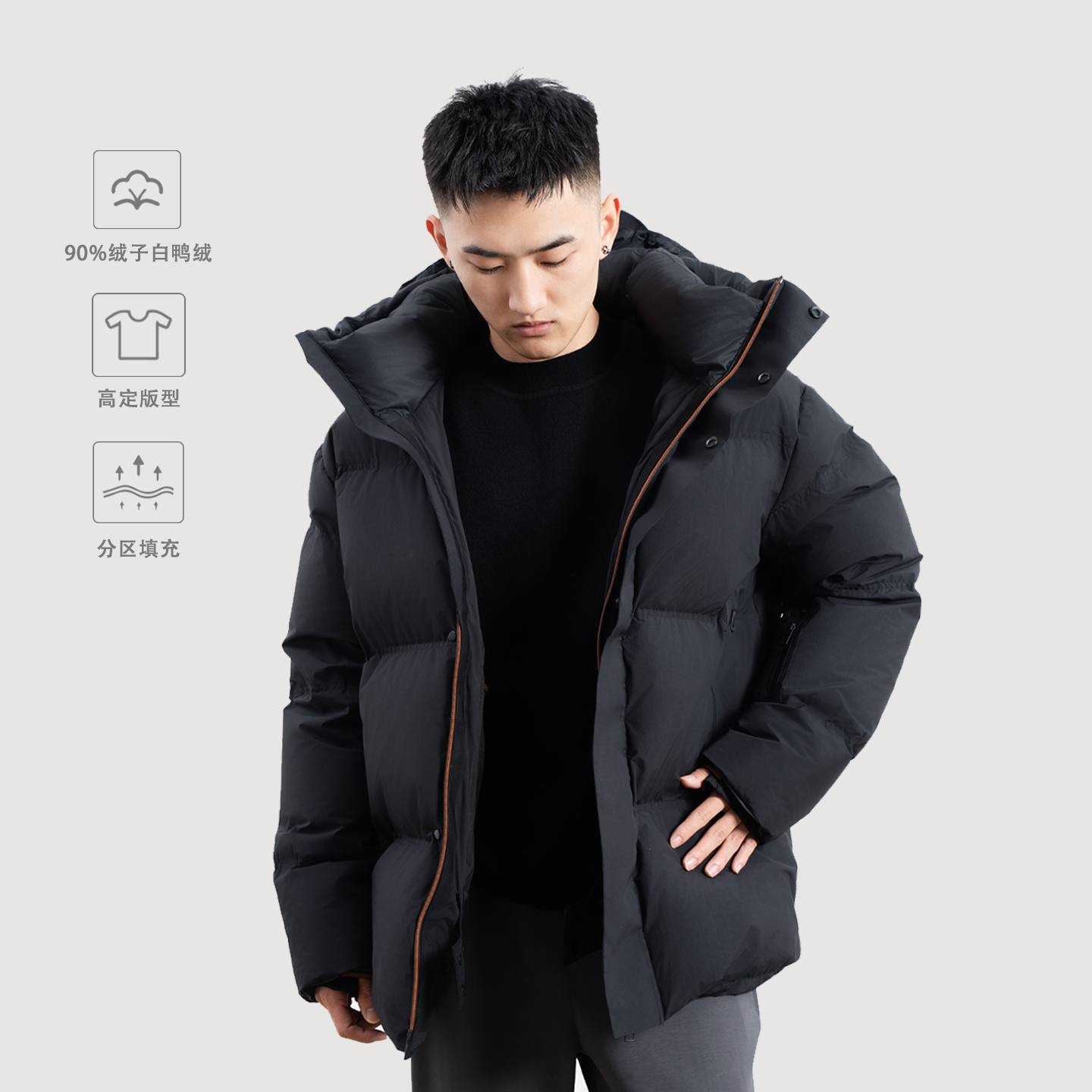 高定商务男士羽绒服90白鸭绒加厚连帽黑色羽绒服 | 都叫我老盖