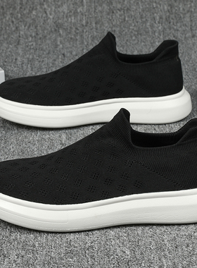 工作男鞋春季新款飞织网面休闲板鞋黑色运动鞋一脚蹬厚底针织布鞋