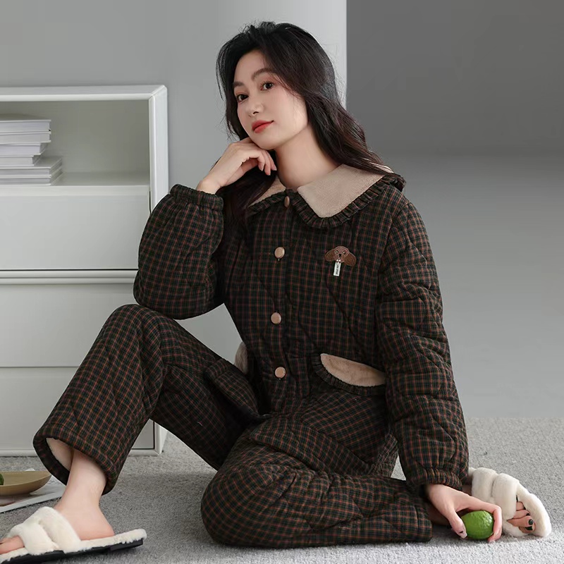 安姿梦巨保暖梭织三层夹棉睡衣女冬季加厚甜美可爱格子家居服套装