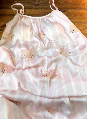 侘町2025年新款黑皮kitty脑袋吊带睡裙带胸垫冰丝夏季卡通家居裙