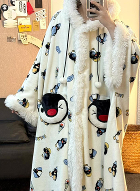 侘町2025新款企鹅pingu法兰绒睡袍女秋冬加绒加厚家居服斗篷睡衣