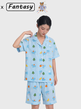 侘町2026年夏季新款蓝色GOOD大象纯棉睡衣女短袖套装可外穿家居服
