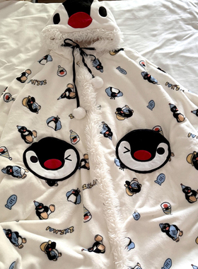 侘町2025新款睡衣企鹅pingu法兰绒睡袍女秋冬加绒加厚家居服斗篷