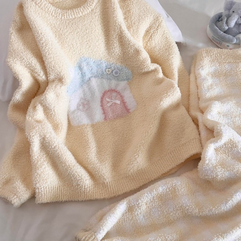 侘町睡衣女2025新款休闲黄色房子格纹加厚羽毛纱可外穿家居服套装