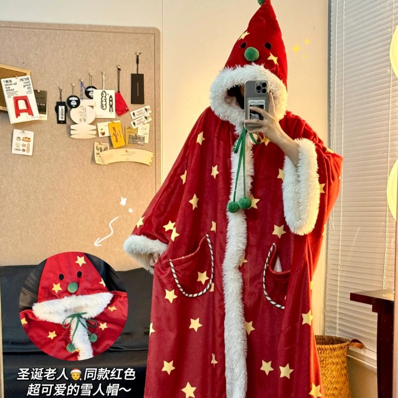 侘町2024年新款圣诞雪人法兰绒睡袍女秋冬款可外穿家居服斗篷睡衣