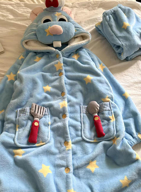 侘町2025新款星星厨师鼠睡袍长裤睡衣女法兰绒冬季加绒加厚家居服