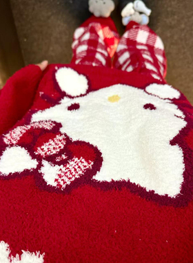侘町2025新款kitty格纹长袖睡衣女秋冬季本命年红色半边绒家居服