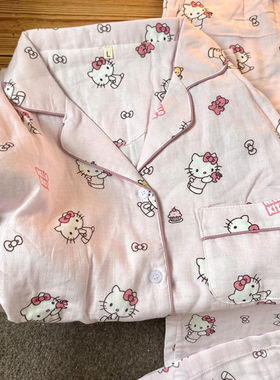 侘町2025新款粉色Kitty纯棉短袖小翻领睡衣女夏天季可外穿家居服