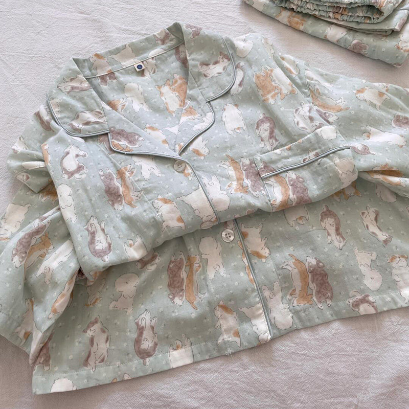 侘町2025新款薄荷绿碎花软萌猫猫短袖睡衣女可外穿夏季家居服套装