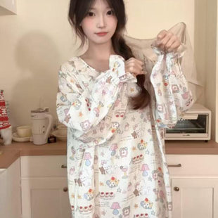 侘町2026年新款可爱睡裙女款春季纯棉纱布休闲早餐猫咪家居连衣裙