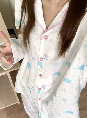侘町2026年春秋季新款星星水母纯棉长袖居家睡衣女卡通家居服套装