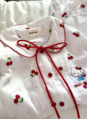 侘町2025秋季新款樱桃Kitty长袖睡衣女卡通纯棉可外穿家居服套装
