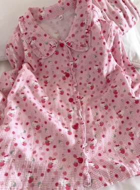 侘町2026年新款格纹草莓Kitty甜美长袖女套装纯棉休闲家居服睡衣