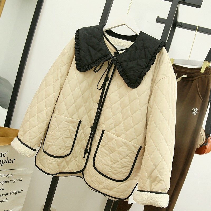 捡漏特价加厚羊羔毛绗缝菱格纹可拆翻领女棉服外套品牌撤柜棉衣