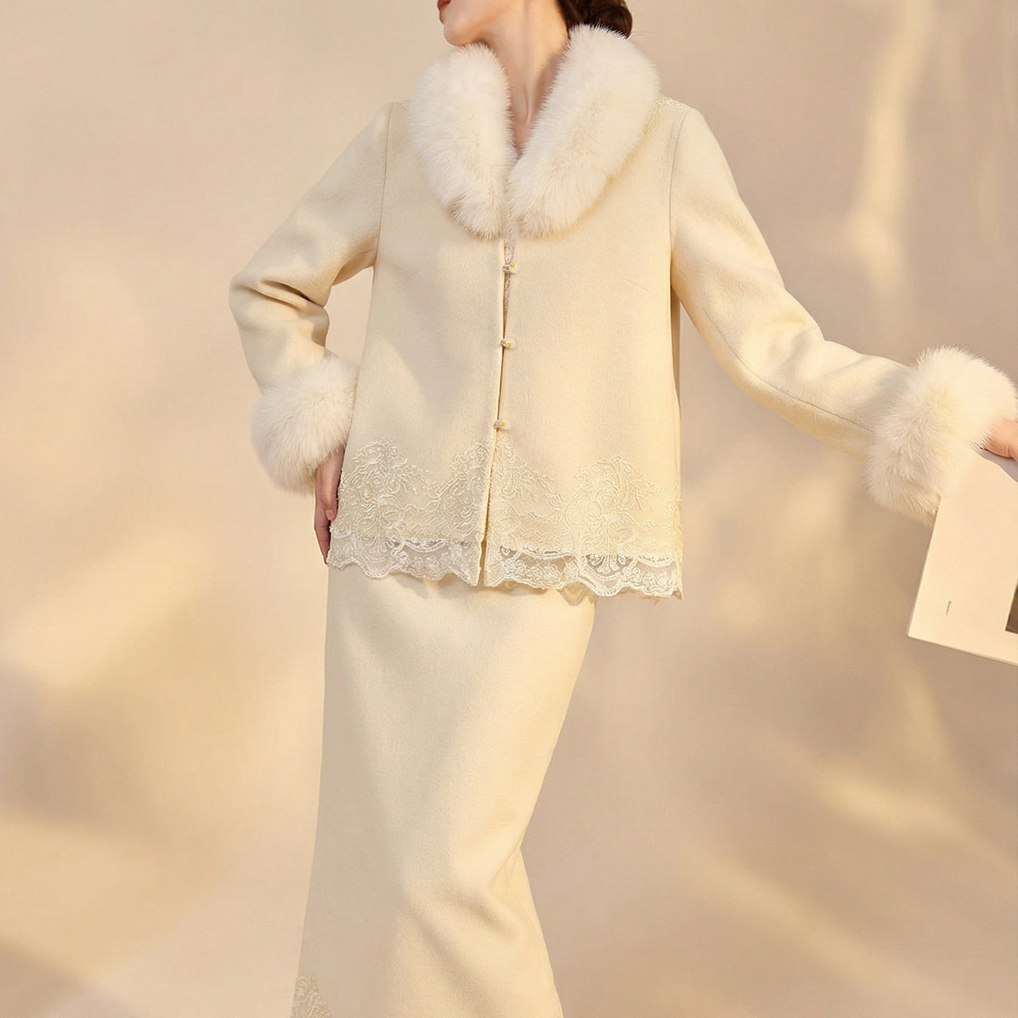 2025冬装新款 轻奢新中式国风狐狸毛设计感羊毛呢外套半裙套装