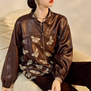 2026春装新款 轻奢新中式重工蝴蝶亮片刺绣皮衣外套马甲半裙套装