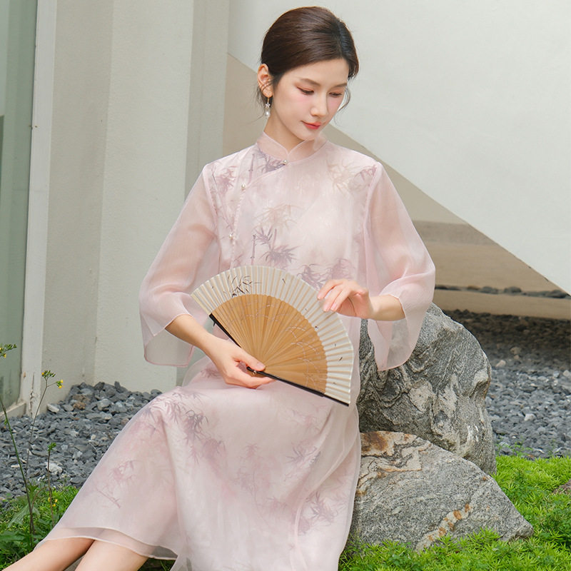 2025夏装新款 新中式复古印花改良汉服唐装旗袍裙子连衣裙 禅茶服
