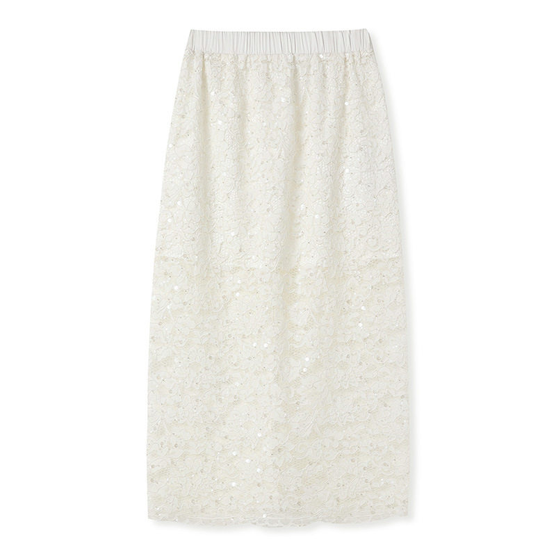 2026春夏装新款 轻奢新中式时尚亮片蕾丝米白色半身裙A字裙长裙
