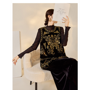 2025秋装新款 轻奢新中式国风重工黑金蝴蝶刺绣丝绒马甲背心外套