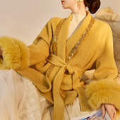 狐狸毛毛袖 2025冬装 时尚 轻奢新中式 口羊毛大衣双面羊毛呢外套 新款