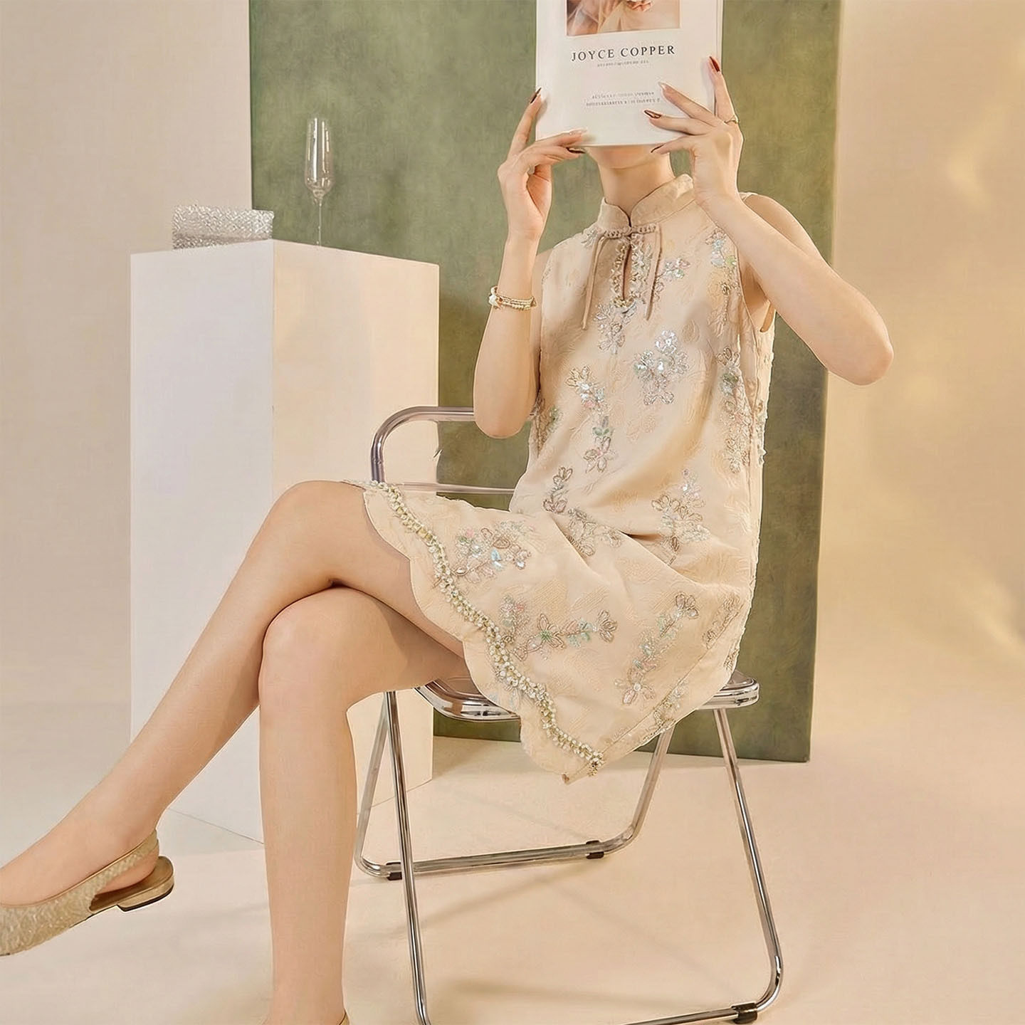 2026春夏装新款 轻奢新中式复古国风重工波浪珠绣A字裙无袖连衣裙