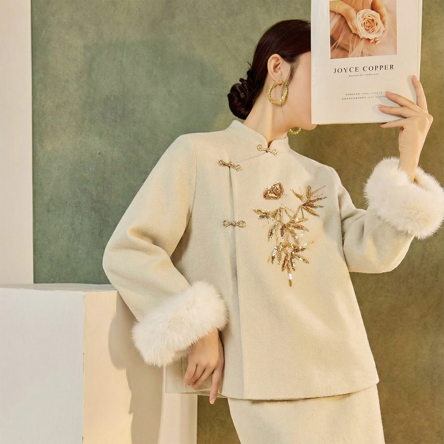 2025冬装新款 轻奢新中式国风钉珠刺绣羊毛呢外套半裙套装