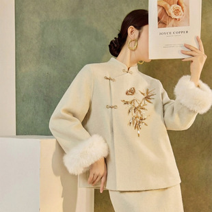 2025冬装新款 轻奢新中式国风钉珠刺绣羊毛呢外套半裙套装