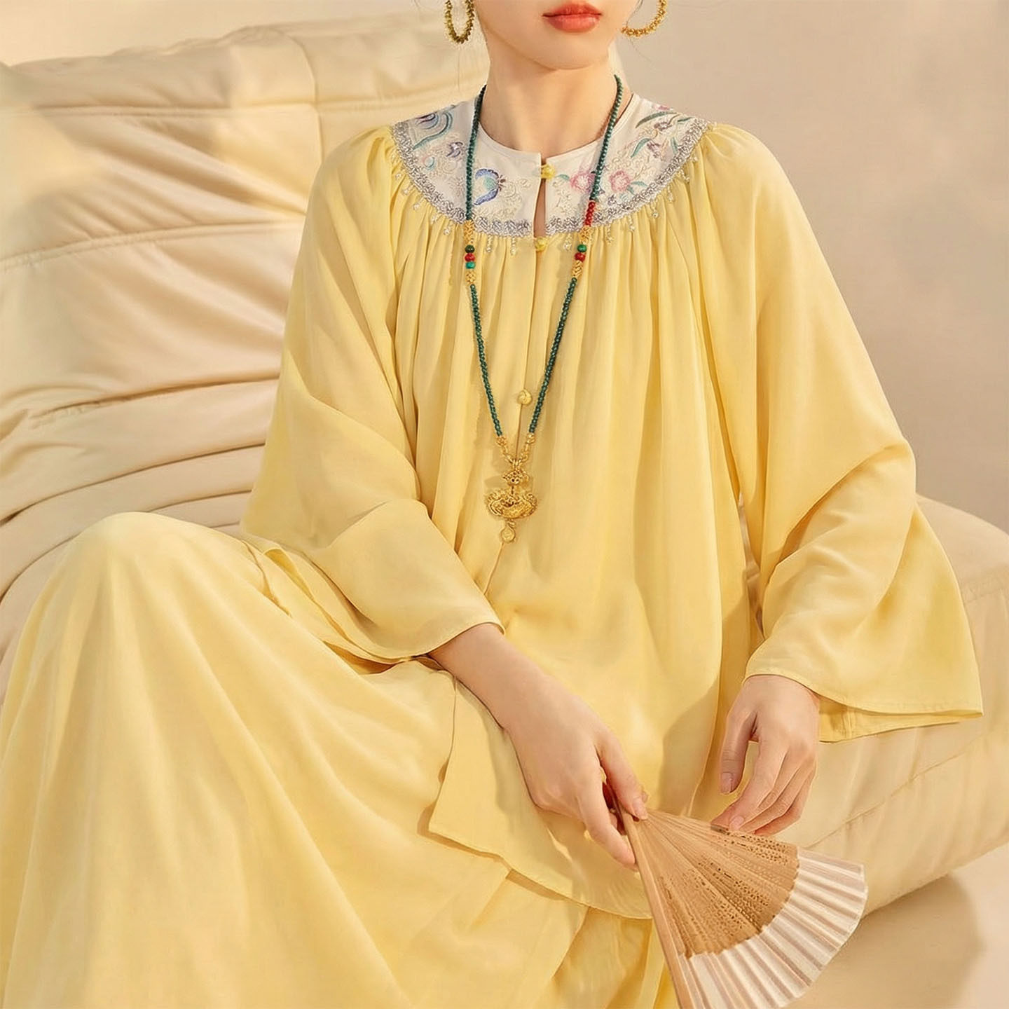 2026春装新款 轻奢新中式国风刺绣黄色宽松长袖雪纺上衣半裙套装