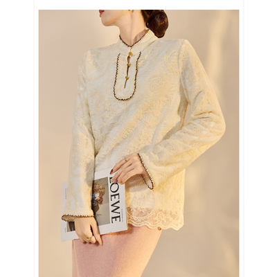 2025冬装新款 新中式时尚立领花边米白色蕾丝加绒打底衫上衣