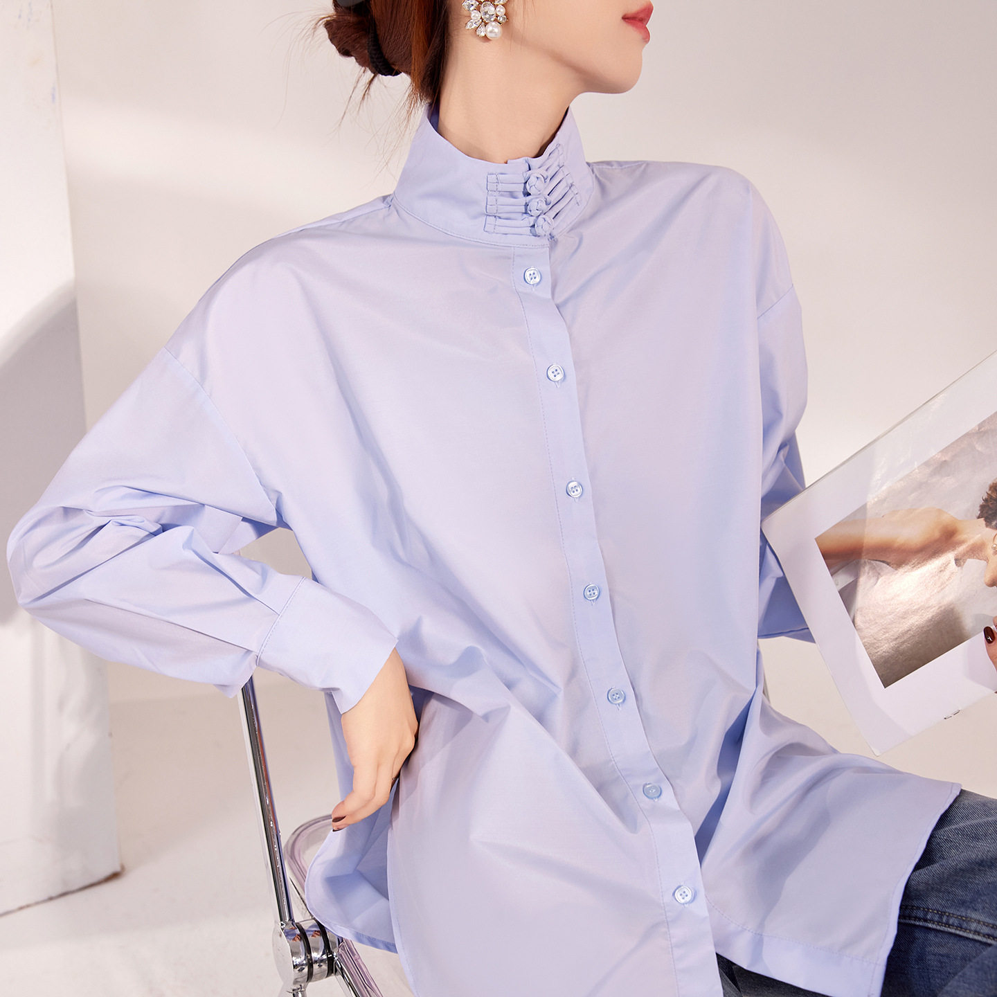2026春装新款 轻奢新中式高端国风时尚立领盘扣纯色衬衫上衣