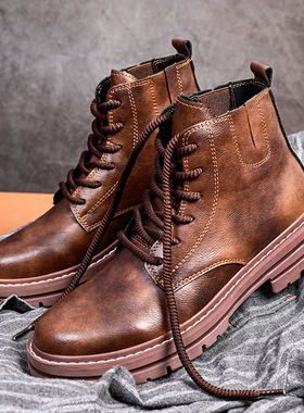 马丁靴男真皮休闲皮鞋韩版潮流时尚英伦高帮鞋擦色厚底加绒棉鞋