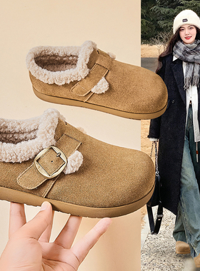 冬季新款女鞋复古加绒保暖棉鞋毛毛勃肯防滑短靴套脚懒人鞋搭扣