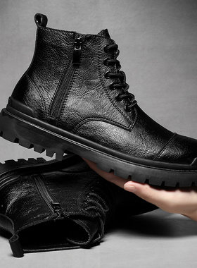 马丁靴男真皮高帮休闲工装靴厚底拉链加绒棉鞋短靴冬季软面皮潮鞋