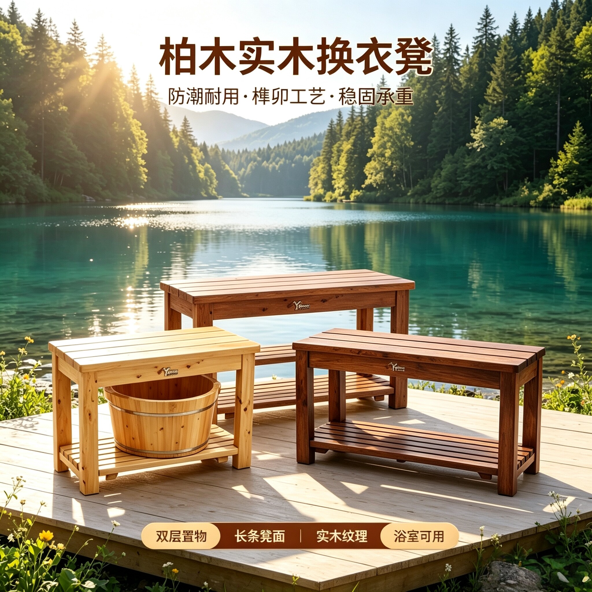 长条实木老人加固整装双人凳