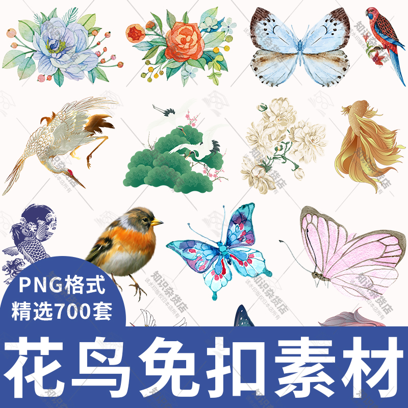 手绘卡通花鸟蝴蝶花卉小鸟插画插图免扣素材png海报装饰设计元素