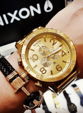 代购Nixon尼克松土豪金大表盘三眼计时钢带石英男运动手表A083502