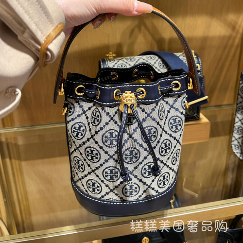 美国正品TB女包经典老花水桶包T monogram提花抽绳斜挎手提购物袋