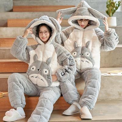 加绒加厚三层夹棉睡衣冬季男女款