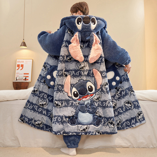 史迪仔睡衣男款秋冬季加厚珊瑚绒连帽保暖家居服青少年睡袍长款冬