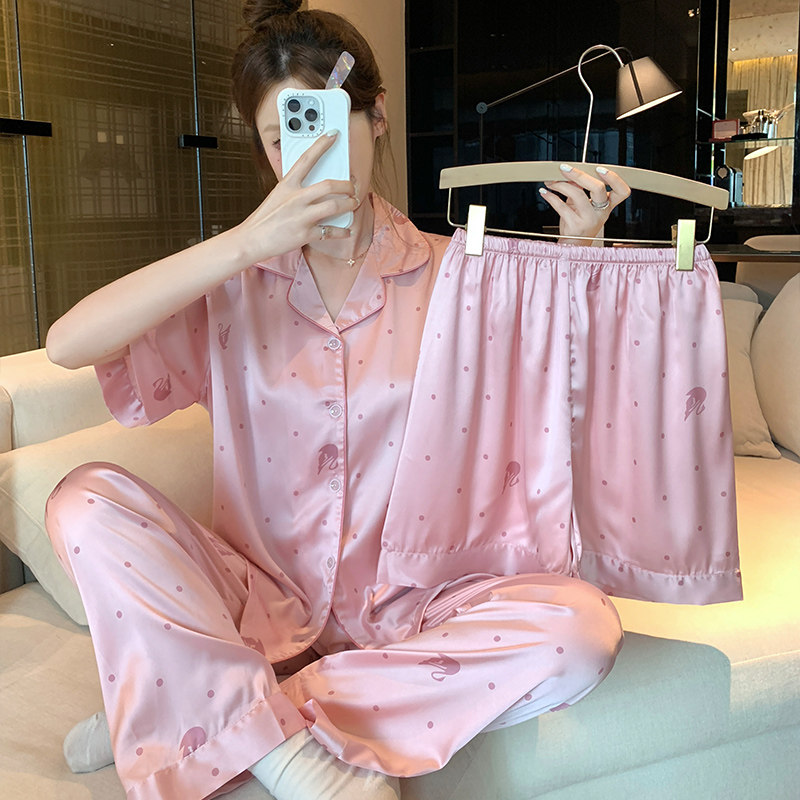 冰丝睡衣女短袖长裤三件套薄款