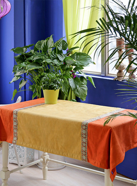 设计师简约风布艺作品集黄橙色东南亚系列餐桌茶几麂皮绒桌布盖布